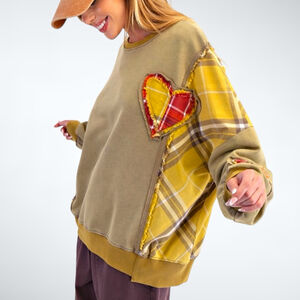 Easel Oversized Women Heart Patch Plaid Sweatshirt Size S
